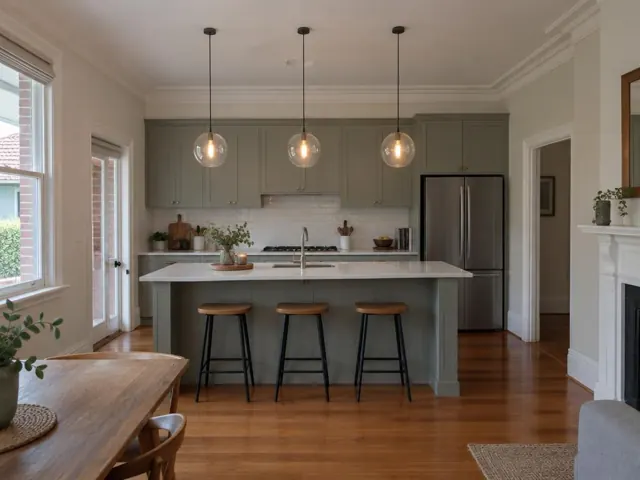 Three glass pendant lights above a kitchen island in a modern home in Hornsby